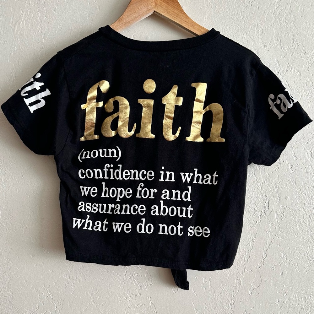 Faith On Fire Black White and Gold Graphic Middle Tie Tee Casual Statement Shirt
